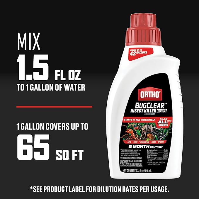 Ortho BugClear Insect Killer for Lawns & Landscapes Concentrate - Kills Ants, Spiders, Fleas, Scorpions & Other Insects, Use on Flowers, Vegetables, Fruit Trees, Shrubs & More, Odor Free, 32 oz.
