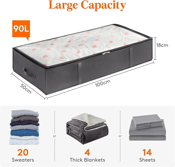 Lifewit 95L 3 Pack Under Bed Storage Containers, Large Capacity Blanket Storage Bags with Reinforced Handle, Organization and Storage for Comforters, Sheets, Clothes, Bedroom, College Dorm, Grey