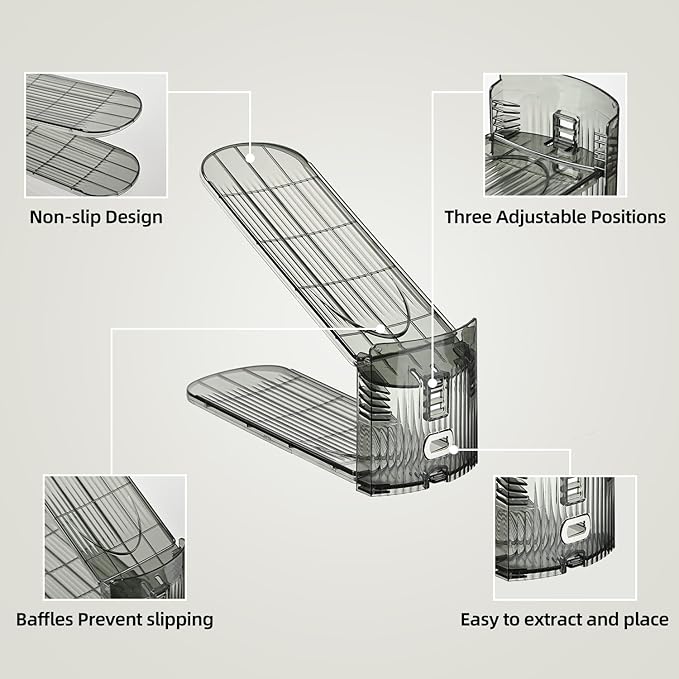 Shoe Slots Organizer, Clear Shoe Stacker, Adjustable Level Shoe Rack,Storage Space Saver for Sneakers Display (Grey Transparent, 8Pack)