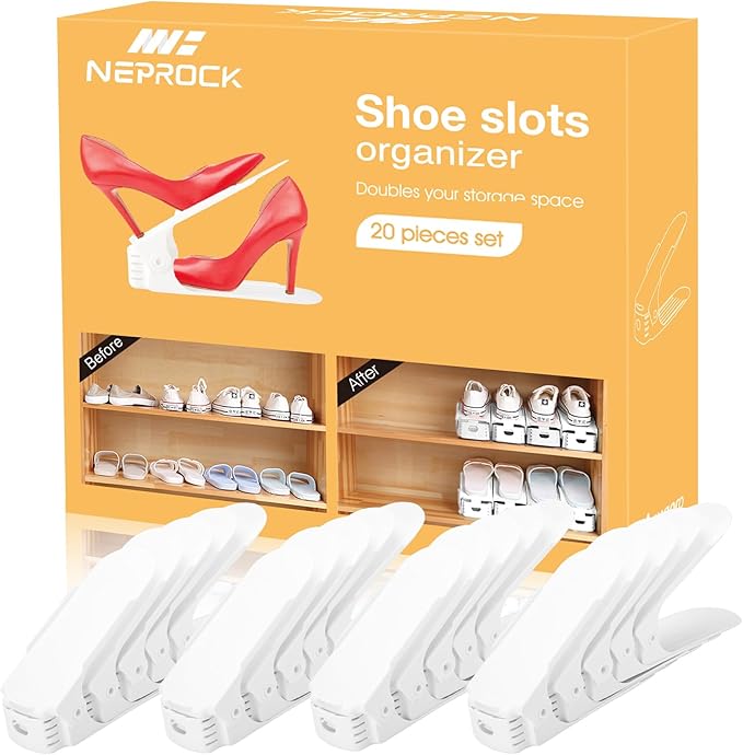 Neprock Shoe Slots Organizer, 20 Pack Adjustable Shoe Rack Stacker Storage Space Saver, Double Deck Shoe Rack Holder for Closet Organization (White)