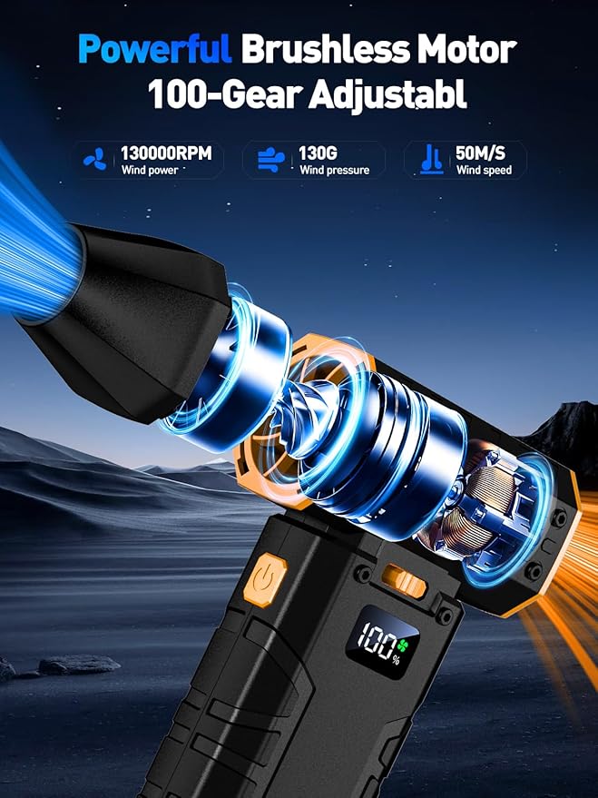 Compressed Air Duster 130000RPM Electric Duster with LED Light, 100 Gear Adjustable Rechargeable Cordless Air Blower Cleaning Tool for Keyboard,Orange