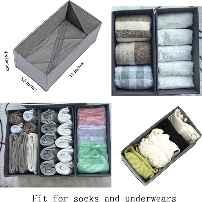 Bructhun Sock Drawer Organizer 3 Pack - Collapsible Fabric Storage Bins for Underwear Divider, Small Closet Organizers with 3 Compartments, Gray