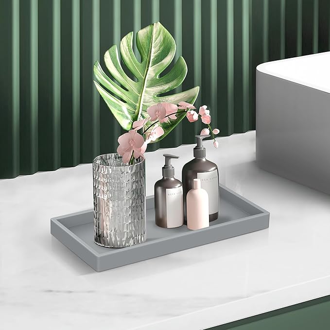EG-SIPRO Bathroom Counter Tray, Silicone, Rectangular, Gray, Thick, Shatterproof, Soap Dispenser Tray, 10.6'x5.1' or 7.8'x3.9'