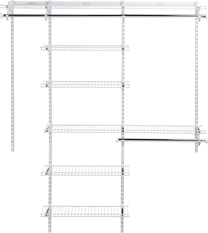 Rubbermaid Configurations Deluxe Custom Closet Kit 3-6 Ft. Adjustable Metal Wire Shelving White Finish Expandable Organization System Hardware Included for Home Closet/Pantry/Laundry/Mudroom