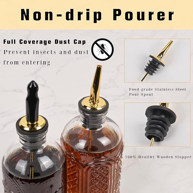 ChezMax Syrup Dispenser Bottles Set of 4, Simple Syrup Bottle for Coffee Bar Accessories, 7 oz Glass Coffee Syrup Dispenser Syrup Containers for Maple Honey Syrup Oil, with Metal Pour Spouts & Labels