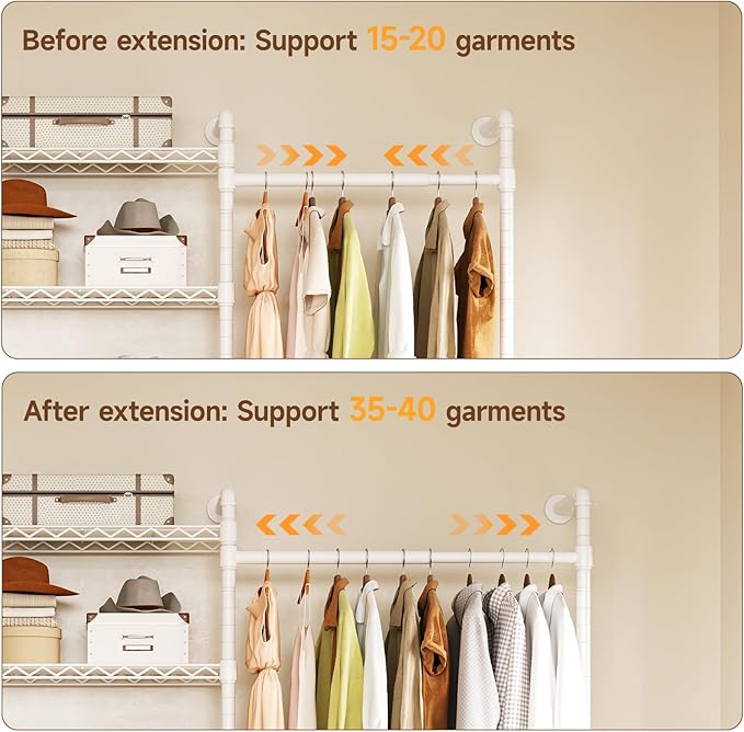 L3 Industrial Pipe Closet Organizer System, Wall Mounted Clothes Rack Clothing Racks with 4 Telescopic Rods & 6 Shelves , Heavy Duty Closet System in Wardrobe Closet (White)