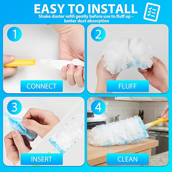 30 Count Duster Refill for Swiffer Duster with 1 Handle - 360° Multi-Surface Larger Size Feather Dusters, Disposable Duster Kit for Cleaning Home, Furniture, Blinds and Ceiling Fans