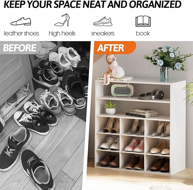 Garden 4 you Shoe Rack Organizer, 5-Tier Wood Cubby Shoe Rack with 2 Storage Shelf and 9 Cubbies, Shoe Organizer Cabinet for Entryway, Hallway, Closet and Garage, White