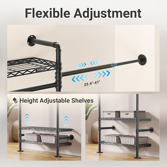 Timate S3X Expandable Wall Mounted Clothes Rack with 6 Adjustable Shelves & 4 Expandable Hanger Rods, Heavy Duty Industrial Pipe Clothing Rack for Hanging Clothes, Fits Spaces 5'11"- 8'10", Black