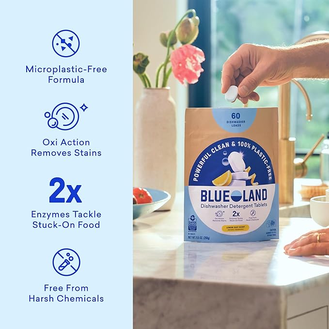 BLUELAND 100% Plastic-Free Dishwasher Detergent Tablets, 60 Count, Lemon Zest Scent, Eco Friendly Dishwashing Pods, Natural, USDA Certified biobased