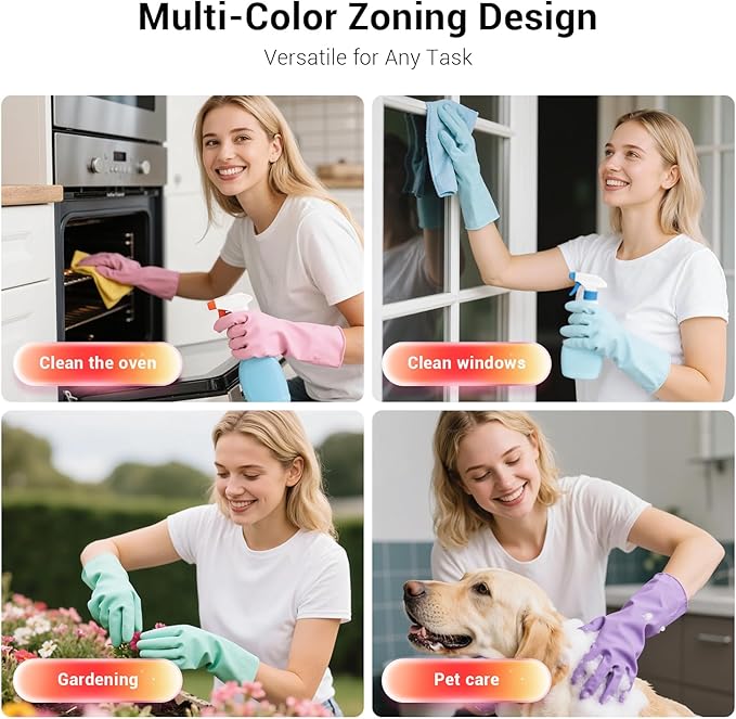 ThxToms 4 Pairs Reusable Rubber Gloves, 13" Natural Latex, 10mil Thick Heavy Duty Dishwashing & Cleaning Gloves, Non-Slip Grip, Multi-Color, Ideal for Kitchen, Bathroom, Car, & Garden Cleaning, Large
