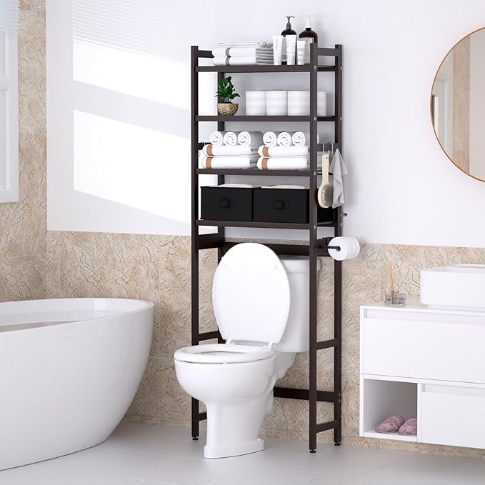 Cozivolife Over The Toilet Storage with 2 Baskets, 4-Tier Bamboo Organizer Rack with Paper Holder & 4 Hooks & Waterproof Feet Pad,Freestanding Shelf for Bathroom(Brown)