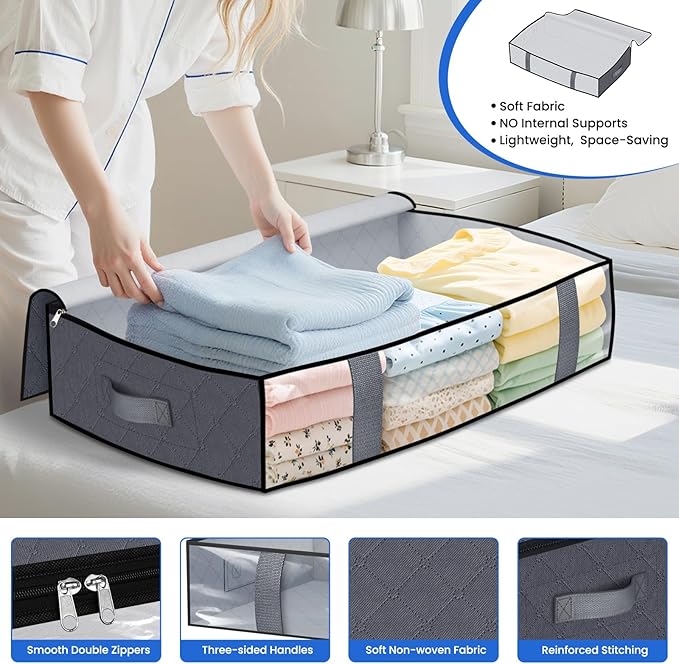 TasticTotes Under Bed Storage Containers, 4 Pack Blanket Storage Bags, Collapsible Storage Bags with Big Zippers, Clear Front, Shoe Storage and Organization for Clothes, Comforter, 60L, Grey
