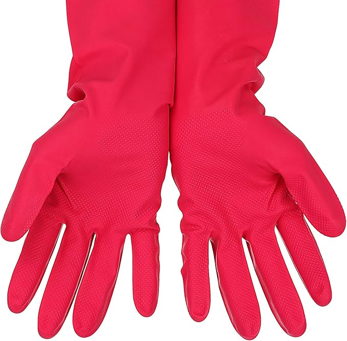 3 Pairs Rubber Cleaning Gloves Latex Free Dishwashing Gloves - 13" Reusable Nitrile Gloves Small, Orange+Pink+Red