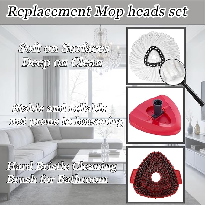 4Pcs Mop Heads Replacement,Spin Mop Replacement Head Compatible with Cedar Easywring 1-Tank System,Including 2 Spin mop Replacement Heads,2 Brush Head Machine Washable & Easy to Replace