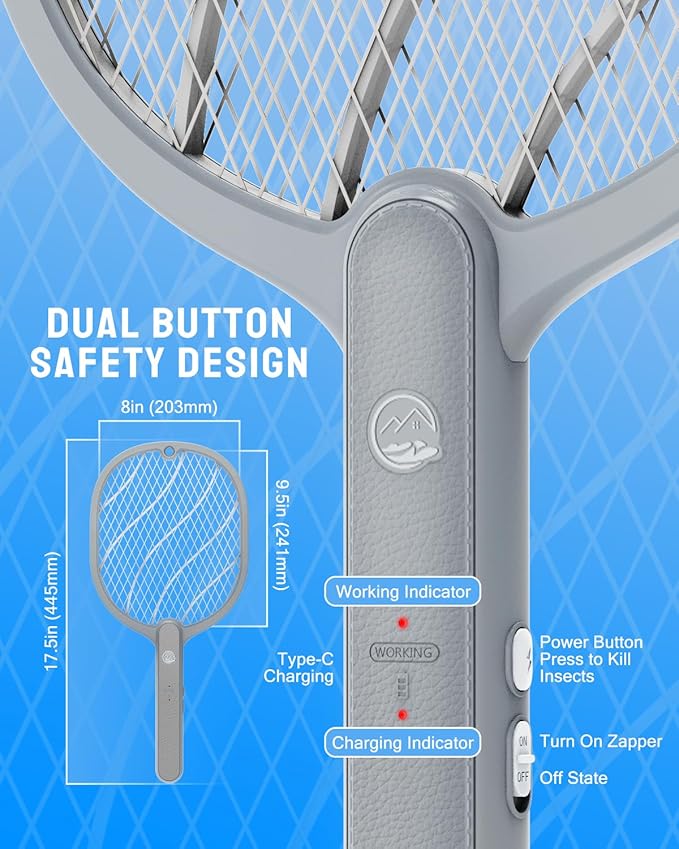 Electric Fly Swatter, 3800V Handheld Bug Zapper Racket, Type-C Rechargeable, Mosquito Zapper for Indoor Outdoor, 3-Layer Safety Mesh, Easy to Use, Lightweight (Basic 2 Pack)