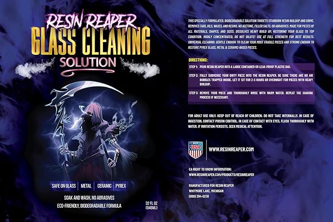 Resin Reaper Glass Cleaner 32 OZ | Pipe Cleaner | Safe on Glass, Metal, Ceramic, and Pyrex | 420 710 Friendly Cleaning | Soak and Wash - No Abrasives - Eco-Friendly, Biodegradable Formula