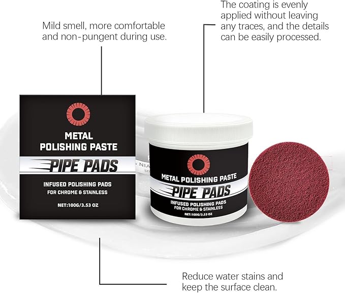 Metal Polishing Paste,100g Rust Buffing Cream With Pipe-Infused Pads,Cars Paste Protectant Scratch Remover Metal Care Kit,Rust Remover Cleaner for Oxidation,Tarnish,Discoloration From Chrome