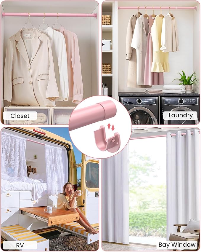 Supforce Closet Rods for Hanging Clothes, 17 to 99 Inches Stepless Adjustable Metal Closet Rod, 1.3 Inches Heavy Duty Clothes Hanging Rod for Closet Wardrobes Laundry RV, Pink