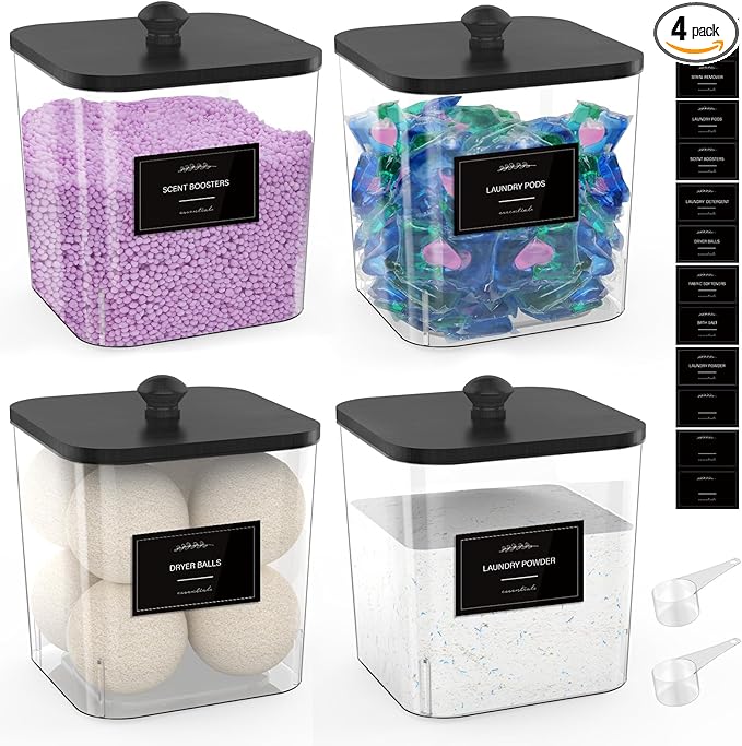 COAZEX 4 Pack Clear Laundry Pods Container, Plastic Square Laundry Room Organization and Storage Jars with Black Lids, Scoops & Labels for Detergent, Powder, Dryer Balls