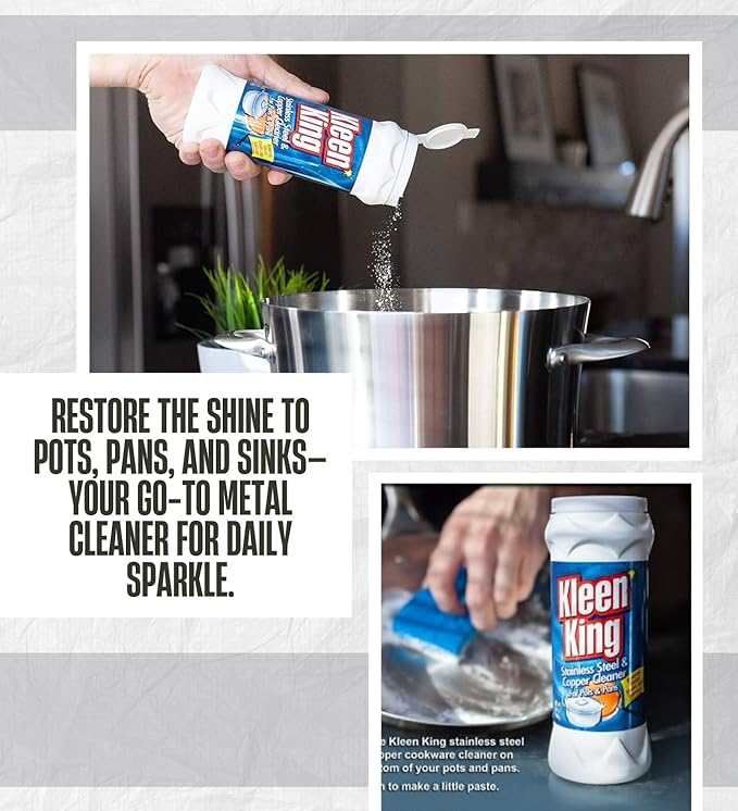 Kleen King Fresh Clean Scent Metal Cleaner 14 oz Powder Bundle with Scouring Pad – Cleans and Restores Stainless Steel, Cookware, and Metal Surfaces – Gift Set (2 Items)