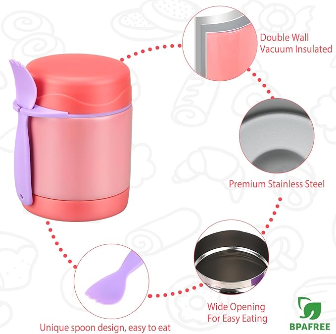 10oz Soup Thermo for Hot Food Kids,Lunch Thermo Kids Food Jar with Spoon Hot Insulated Food Containers,Leak Proof Stainless Steel Wide Mouth Lunch Thermo Jar for School(Pink)