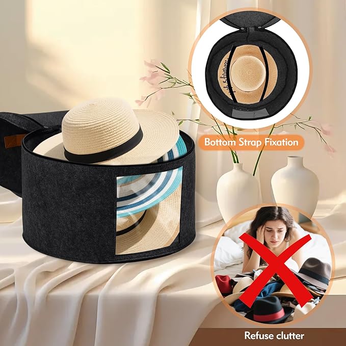 Kovpnor Round Hat Box, Stackable Felt Hat Boxes for Women Storage, Foldable Premium Hat Travel Case with Dustproof Lid, Space Saving Hat Organizer(Black)