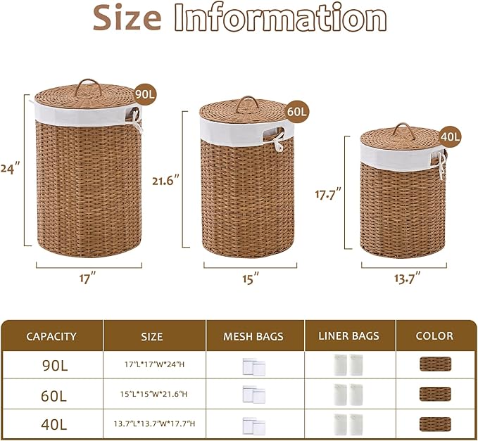 Round Wicker Laundry Hamper with Lid Handwoven Rattan Basket with Handles for Dirty Clothes, 2 Washable Liner Bags, No Assembly Required, Washable Basket, 90L
