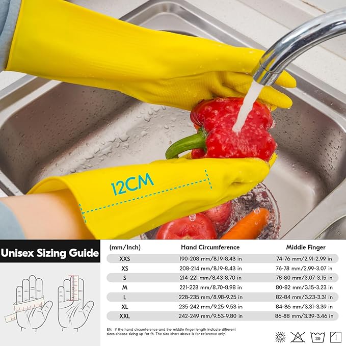 Vgo... 2-Pairs Reusable Household Gloves, Rubber Dishwashing gloves, Extra Thickness, Long Sleeves, Kitchen Cleaning, Working, Painting, Gardening, Pet Care (Size S, Yellow, HH4601)