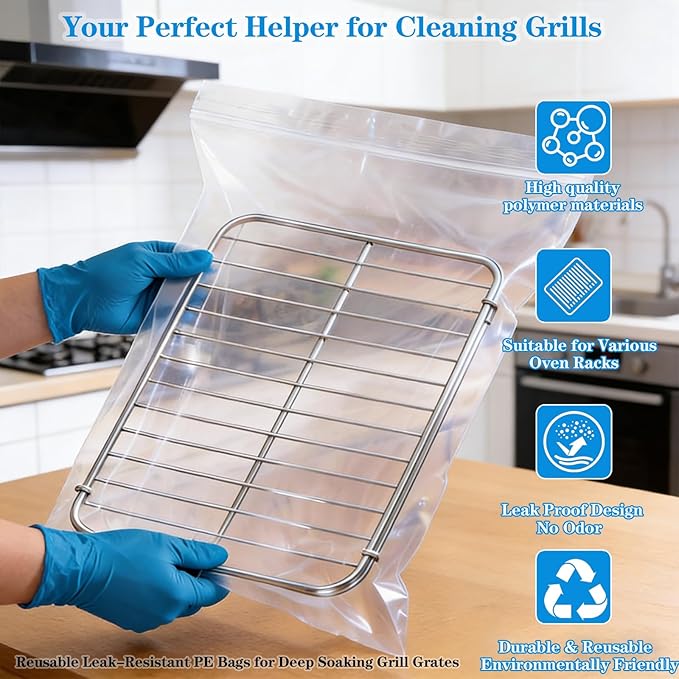 Oven Rack Cleaning Bags, Heavy Duty No Scrub Oven Rack Cleaning Bags, Reusable Leak-Resistant PE Bags for Deep Soaking Grill Grates, BBQ Racks, No Cleaner Included, 3 Pack (15.7''*23.7'')