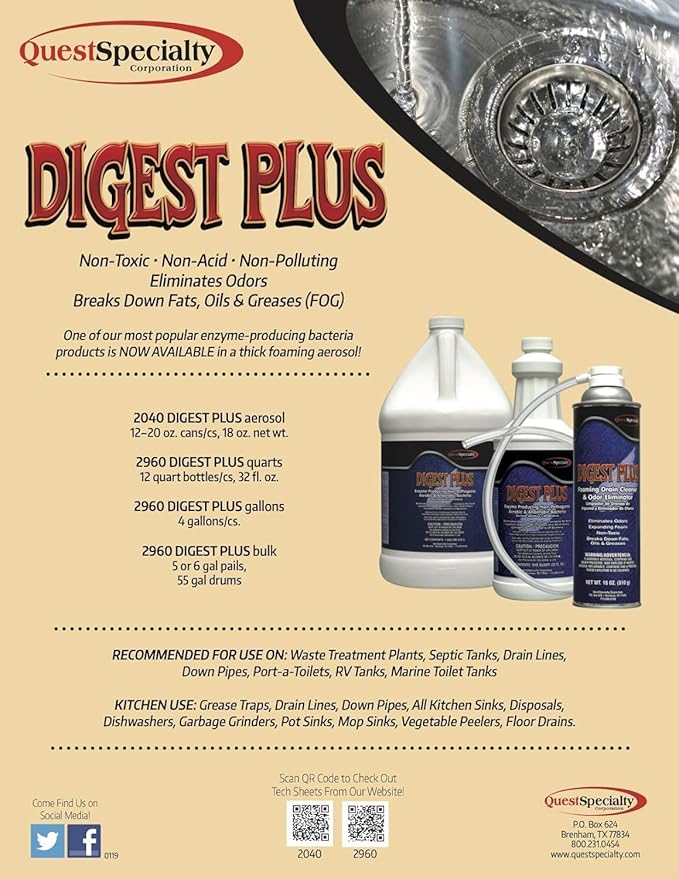 Quest Specialty DIGEST PLUS Foaming Drain Cleaner and Odor Eliminator, 1 count