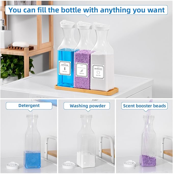 Laundry Detergent Dispenser,54OZ Laundry Soap Dispenser,Liquid Laundry Detergent Container,Fabric Softener Dispenser with Bamboo Wood Tray,Laundry Room Organizer with 4 Labels