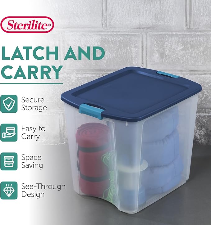 Sterilite 12-Pack Latch and Carry, Clear Plastic Storage Bins with Latching Lids and Full-Grip Handles, 27 Gallon