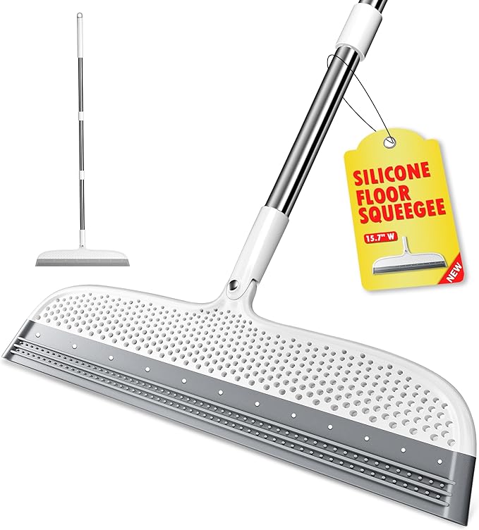 Silicone Floor Squeegee, 180° Rotating Air Broom, Squeegee for Floor with a Long Handle, Magic Broom for Water and Pet Hair Removal on Bathroom Floors, Tile, Deck and Glass, Indoor Cleaning Tool