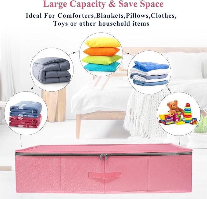 punemi Under Bed Storage Containers, Pink Underbed Storage With Rigid Side/Bottom Support, Closet Organizers And Storage Bins, Blankets Clothes Comforters Storage Bag, Dorm Room Essentials For Girls