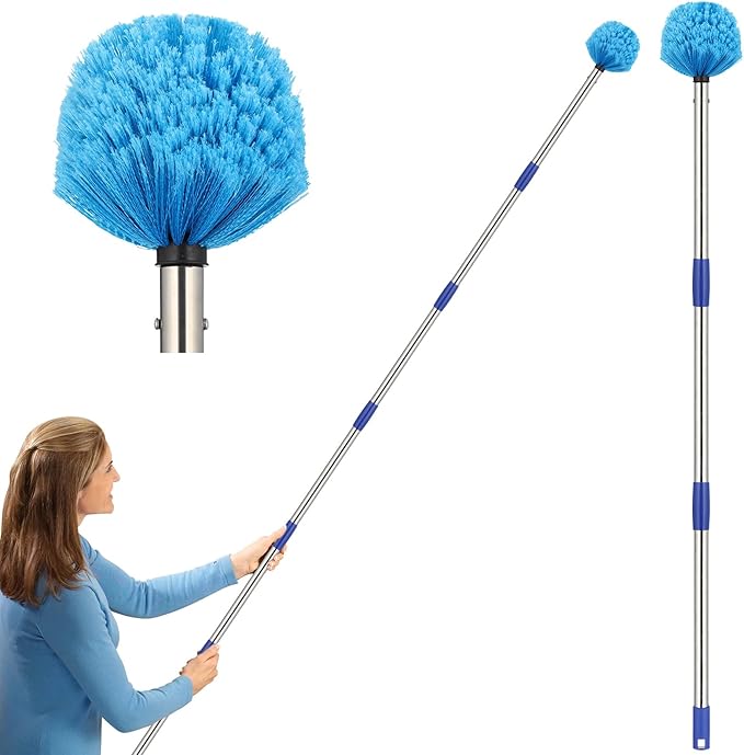 Cobweb Duster with Extension Pole, 8 ft Spider Web Brush for Outdoor House Cleaning, Cob Web Remover for High Ceilings Fans, Medium-Stiff Bristles Round Head, Steel Long Handle, Lightweight Cleaner