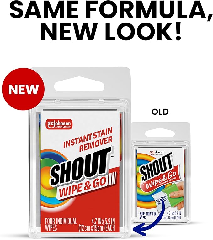 Shout Wipe & Go Instant Stain Remover Wipes, No Wash Required, Safe on Colorfast Washables, Travel & Baby Diaper Bag Essentials, Removes Grass, Coffee, Makeup & More, 4 Wipes (Pack of 1)