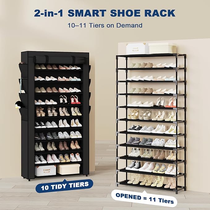 Mavivegue Shoe Rack with Cover, 10+1 Tier Tall Shoe Storage for 50-55 Pairs of Shoes, Shoe Organizer for Entryway, Closet