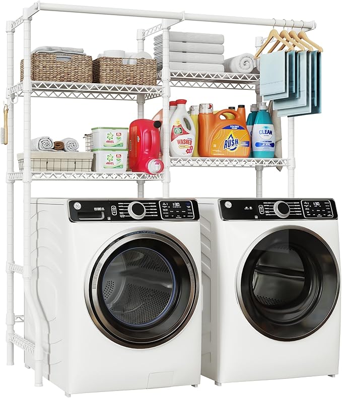 ULIFHOME U14 Over Washer and Dryer Storage Shelves, 4 Tiers Laundry Room Storage and Organizer System, Space Saving Clothes Drying Rack with 2 Clothes Hanger Rods, 66.5" W x 20.5" D x 77.4" H, White