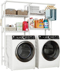 ULIFHOME U14 Over Washer and Dryer Storage Shelves, 4 Tiers Laundry Room Storage and Organizer System, Space Saving Clothes Drying Rack with 2 Clothes Hanger Rods, 66.5" W x 20.5" D x 77.4" H, White