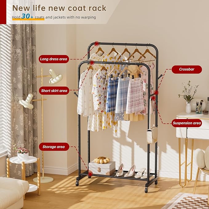 Golpart Clothes Garment Coat Rack Drying Clothing Racks Metal Freestanding for Hanging Clothes Portable Closet for Laundry Bedroom Black