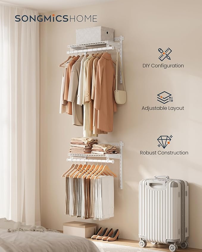 SONGMICS HOME Closet System, Closet Insert Organizer, 2 ft, Adjustable Metal Shelving Unit with 2 Hanging Rods, 2 Shelves, and Hooks, for Pantry Mudroom Garage Basement, Cloud White URGR030W01