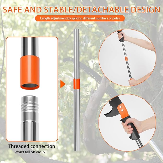 Manual Pole Saw for Tree Trimming, 14 FT Pruning Saw with 6-Section Stainless Steel Handle, Sharp steel Blade, Easy to Carry and Lightweight Extendable Design for Garden & Tree Maintenance