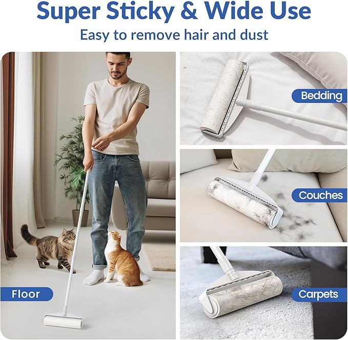 Large Lint Rollers for Carpet: Sticky Rollers for Floor DELOMO 9.45 in with 3 Extendable Handle, Long Handle Sticky Mop for Cleaning Carpets, Cars, Bedding, Couches, and Pet Hair - for Pet Homes