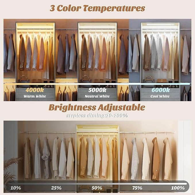 Aheaplus Closet System with Motion-Sensing Light, 3 Wooden Drawers and 4 Hanging Rods, Customizable Walk-in Closet Organizer with 3CCT LED, Heavy Duty Garment Rack for Bedroom, White Oak