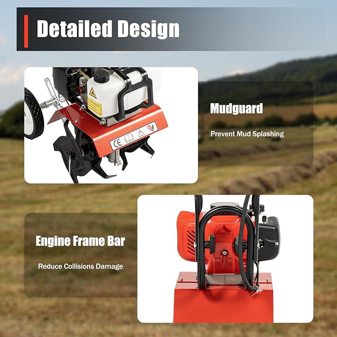 Tiller Cultivator Gas Powered, 52Cc 2 Stroke Garden Cultivator Commercial Tiller Gas Powered Tiller Soil Cultivator with Adjustable Wheels for Plowing Turning Soil Ditching 1700W 6500Rpm