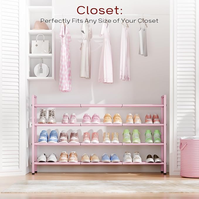 Bumusty 4-Tier Long Expandable Shoe Rack for Closet, 18"-44" Adjustable Shoe Rack for Entryway, 20-24Pairs Large Shoe Organizer Shelf Storage, Sturdy Metal, Black