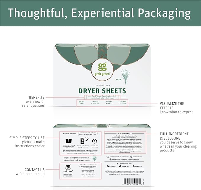 Grab Green Dryer Sheets, 160 Sheets, Vetiver Scent, Plant and Mineral Based, Compostable, Softens Fabrics, Reduces Static Cling and Wrinkles
