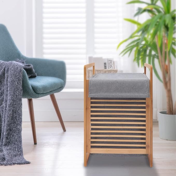 One-Section Organizer Storage Shelf with Bamboo Frame and Baskets Storage Drawers Unit,Laundry Towel Hamper Cabinet Tower One Part Compartment Sorter Basket