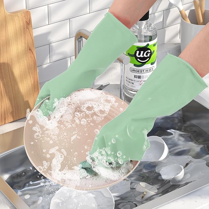 Rubber Kitchen Dishwashing Gloves - 4 Pairs Colorful Reusable Household Cleaning Gloves For Washing Dishes And Cleaning Tasks，Flexible And Durable Waterproof (Medium, Dark Green+Blue+Green+Gray)